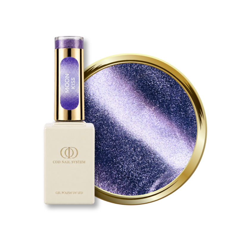 Flacon et pastille du vernis semi permanent Cat Eye Moon Kiss, violet pastel argenté