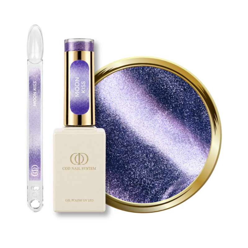 Flacon, tips et pastille du vernis semi permanent Cat Eye Moon Kiss, violet pastel argenté