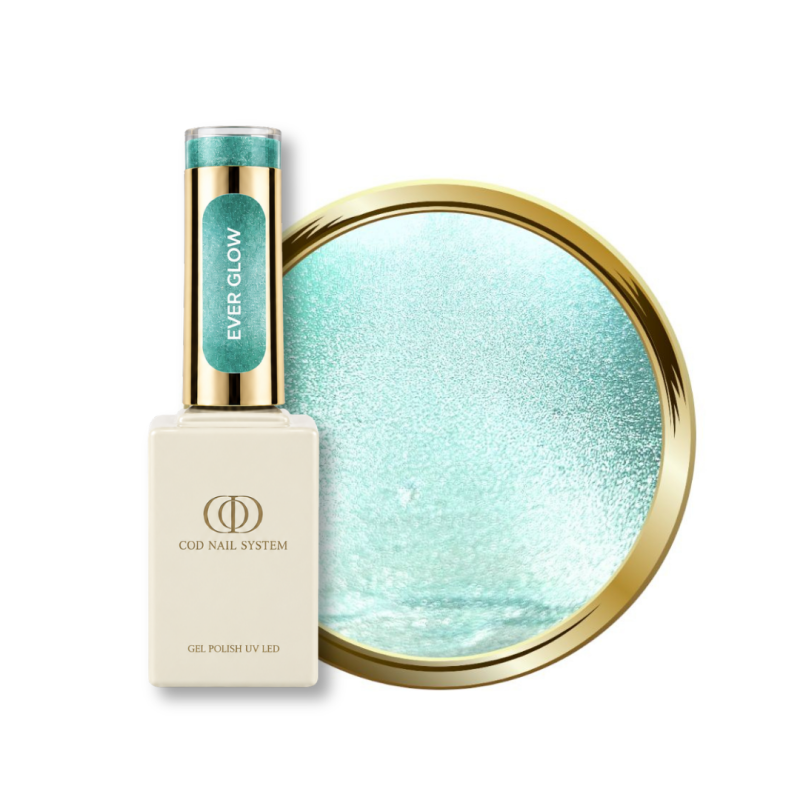 Flacon et pastille du vernis semi permanent Cat Eye Ever Glow, vert turquoise pastel argenté