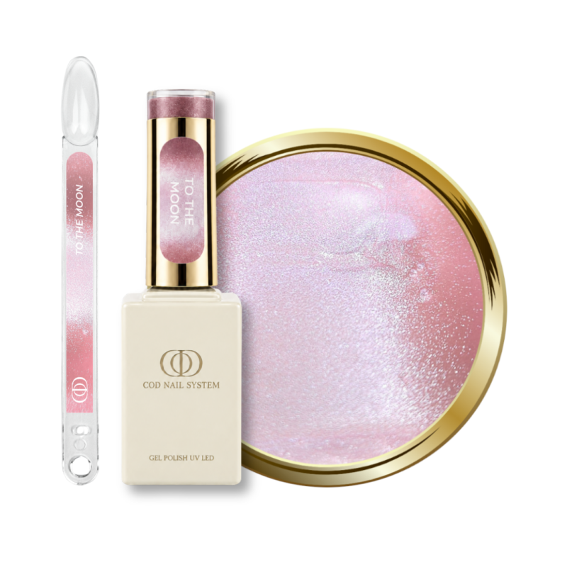 Flacon, tips et pastille du vernis semi permanent Cat Eye To The Moon, marron violine clair diamanté