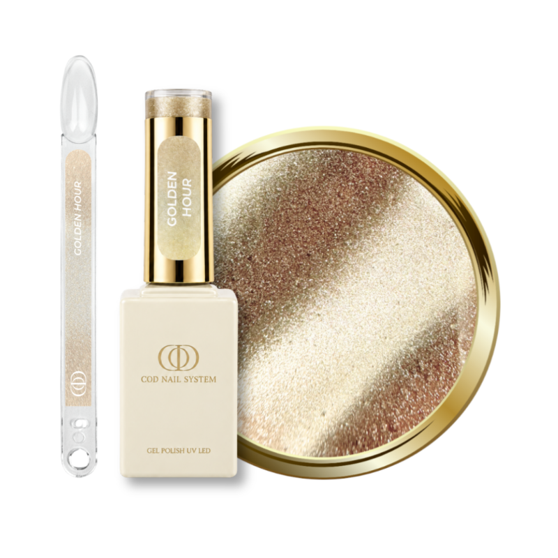 Flacon, tips et pastille du vernis semi permanent Cat Eye Golden Hour, sable doré argenté