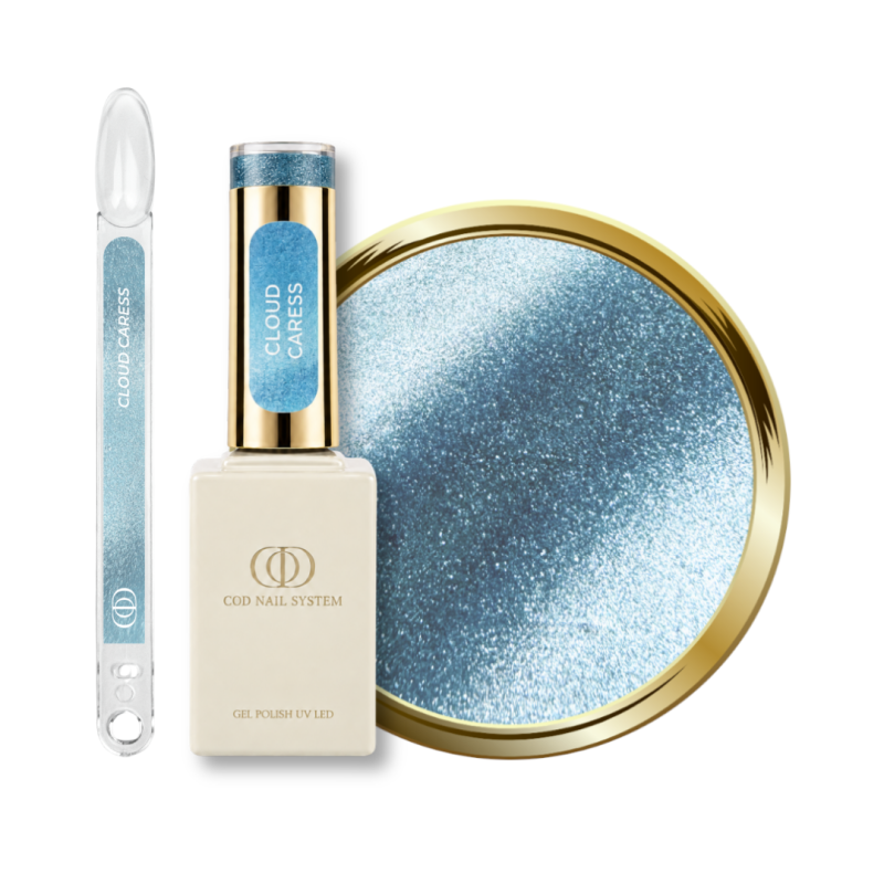 Flacon, tips et pastille du vernis semi permanent Cat Eye Cloud Caress, bleu pastel argenté