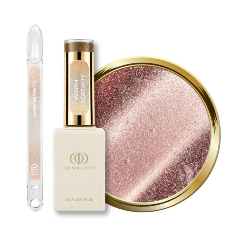 Flacon, tips et pastille du vernis semi permanent Cat Eye Warm Serenity, rose gold