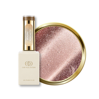 Flacon et pastille du vernis semi permanent Cat Eye Warm Serenity, rose gold