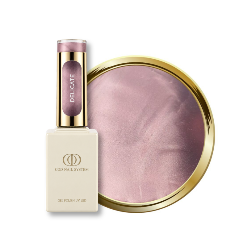 Flacon et pastille du vernis semi permanent Cat Eye Delicate, rose parme pastel soie