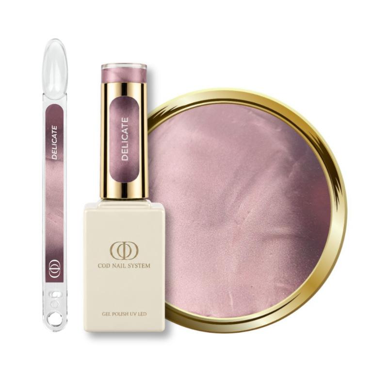 Flacon, tips et pastille du vernis semi permanent Cat Eye Delicate, rose parme pastel soie