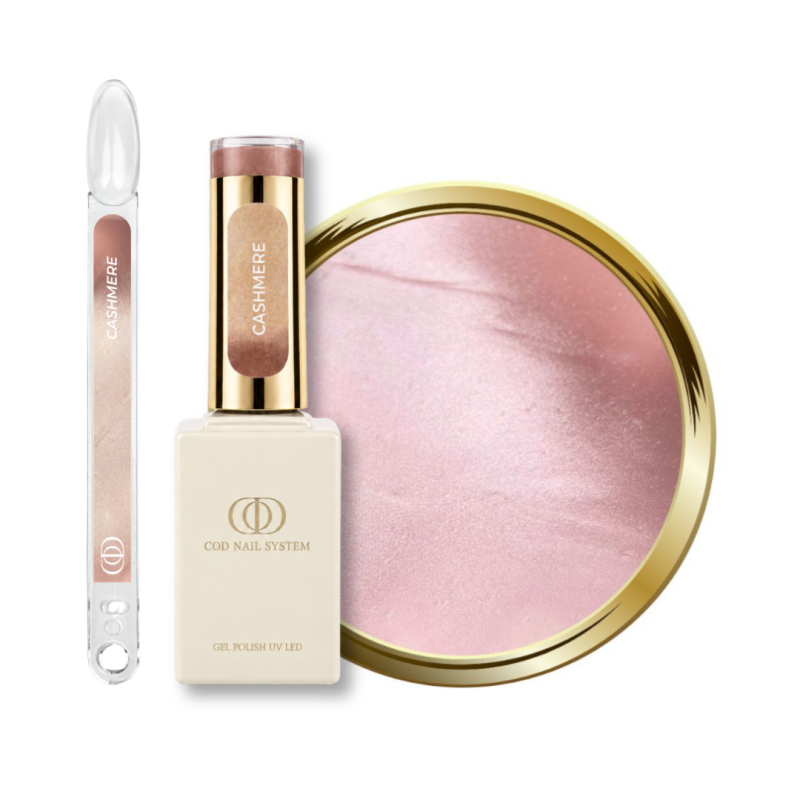 Flacon, tips et pastille du vernis semi permanent Cat Eye Cashmere, nude rosé