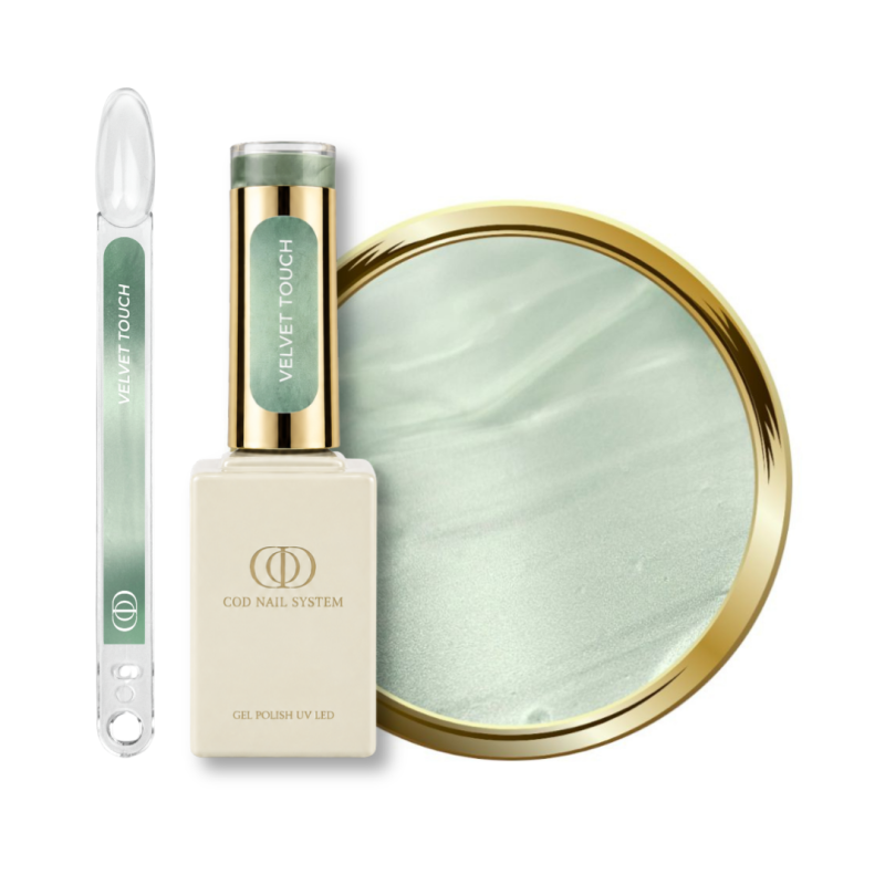 Flacon, tips et pastille du vernis semi permanent Cat Eye Velvet Touch, vert pastel soie