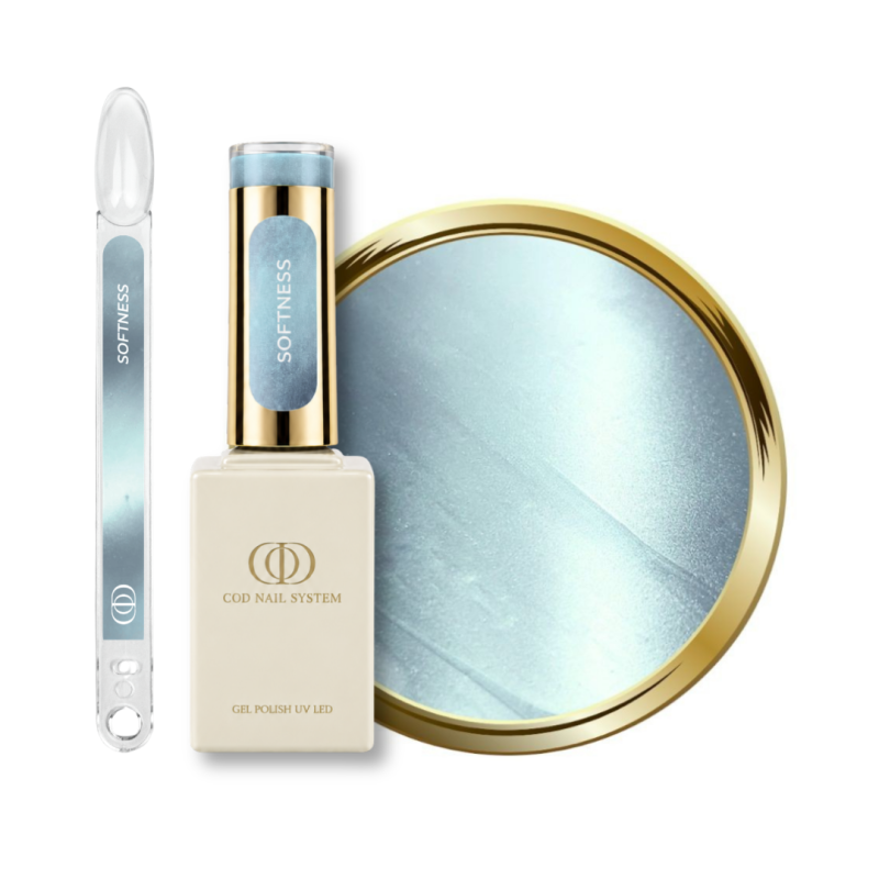 Flacon, tips et pastille du vernis semi permanent Cat Eye Softness, bleu pastel soie