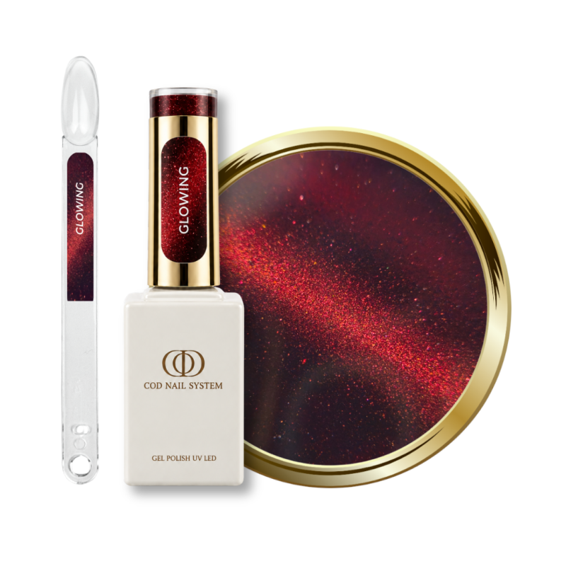 Flacon, tips et pastille du vernis semi permanent Cat Eye Glowing, rouge aux reflets rubis