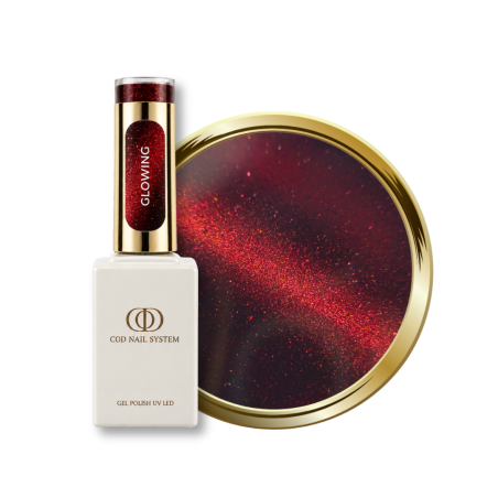 Flacon et pastille du vernis semi permanent Cat Eye Glowing, rouge aux reflets rubis