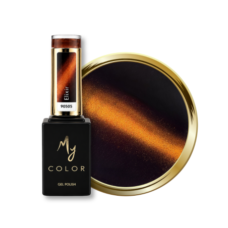 Flacon et pastille du vernis semi permanent Cat Eye Elixir, marron chocolat chaud cuivré et doré soie