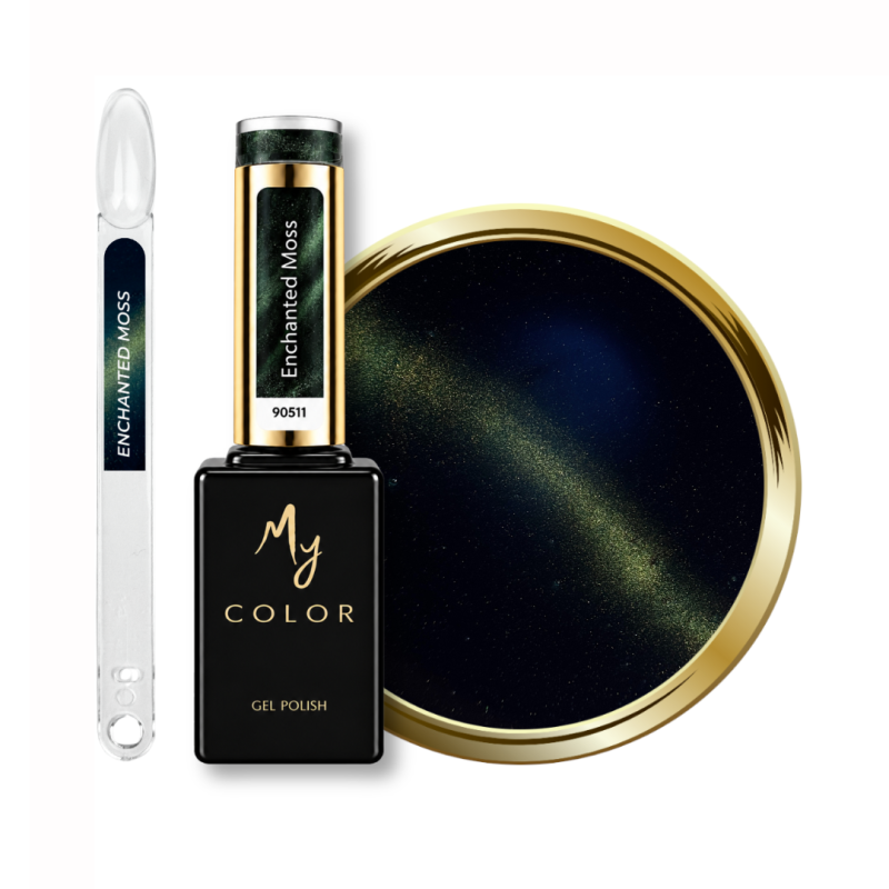 Flacon, tips et pastille du vernis semi permanent Cat Eye Enchanted Moss, vert canard bleu et doré soie