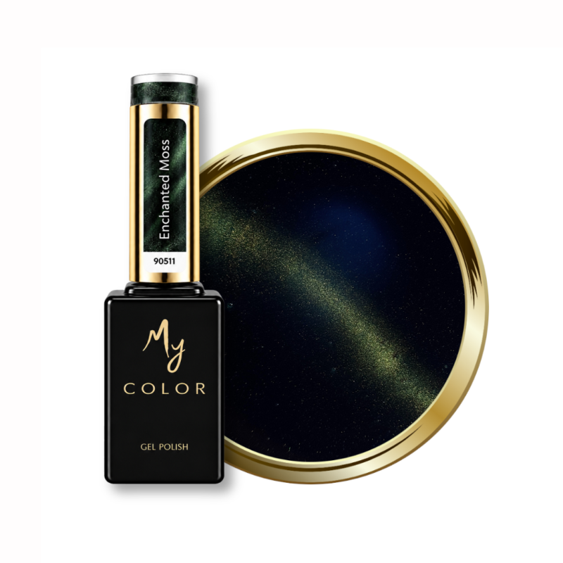 Flacon et pastille du vernis semi permanent Cat Eye Enchanted Moss, vert canard bleu et doré soie