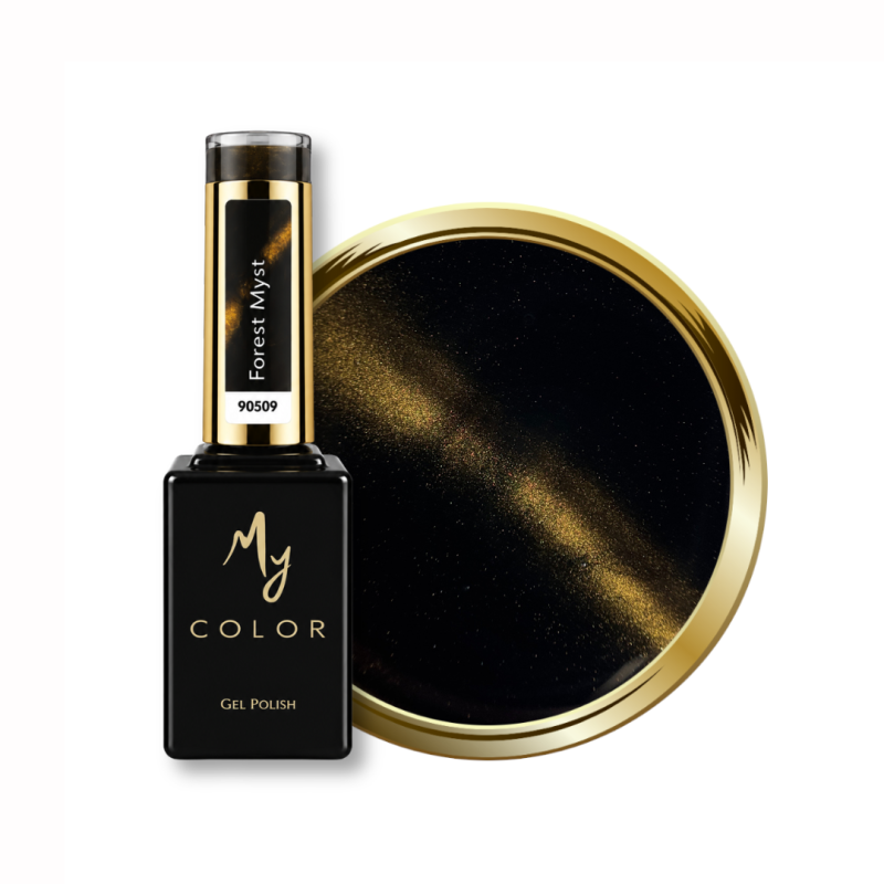 Flacon et pastille du vernis semi permanent Cat Eye Forst Mist, marron noir doré soie