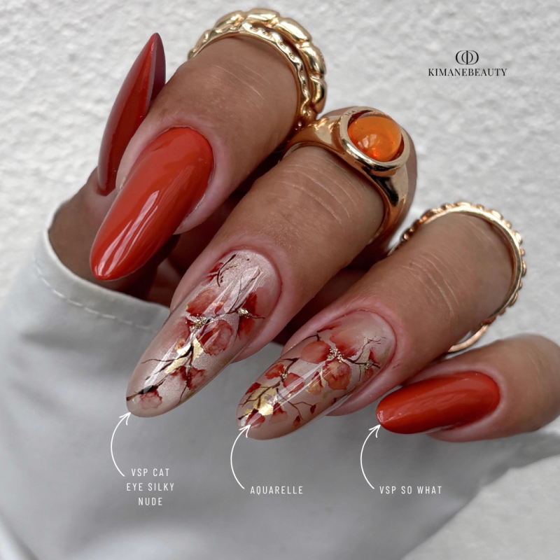 Pose d'ongles en amandes avec le vernis semi permanent Cat Eye Silky Nude, nude beige soie