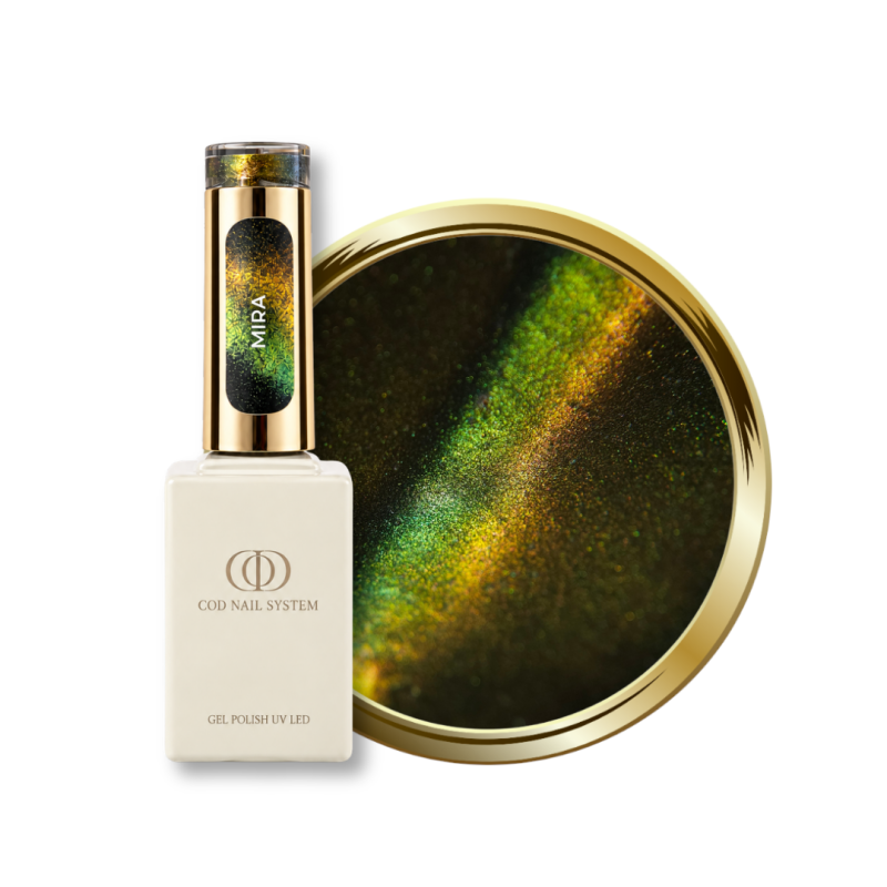 Flacon et pastille du vernis semi permanent Cat Eye Mira, 9D caméléon vert orangé doré