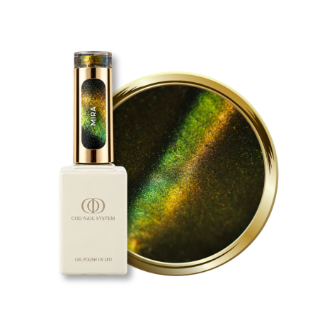 Flacon et pastille du vernis semi permanent Cat Eye Mira, 9D caméléon vert orangé doré
