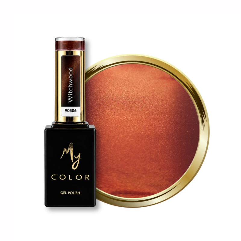Flacon et pastille du vernis semi permanent Cat Eye Witchwood, rouge bordeaux violine et doré soie