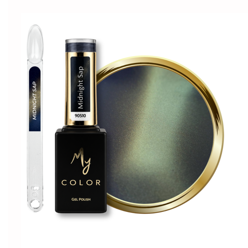 Flacon, tips et pastille du vernis semi permanent Cat Eye Midnight Sap, bleu gris doré soie