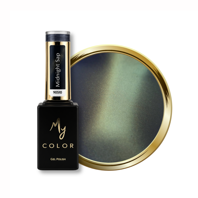 Flacon et pastille du vernis semi permanent Cat Eye Midnight Sap, bleu gris doré soie