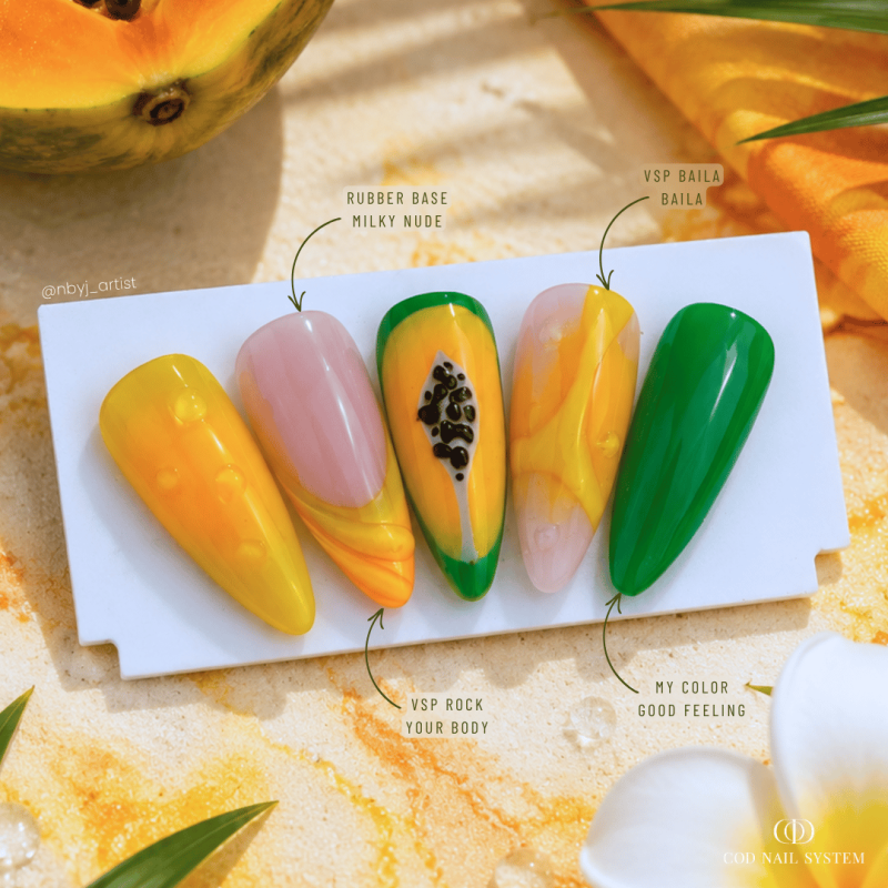 Capsules d'ongles avec le vernis semi permanent Baila Baila, jaune poussin