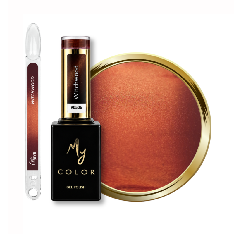 Flacon, tips et pastille du vernis semi permanent Cat Eye Witchwood, rouge bordeaux violine et doré soie