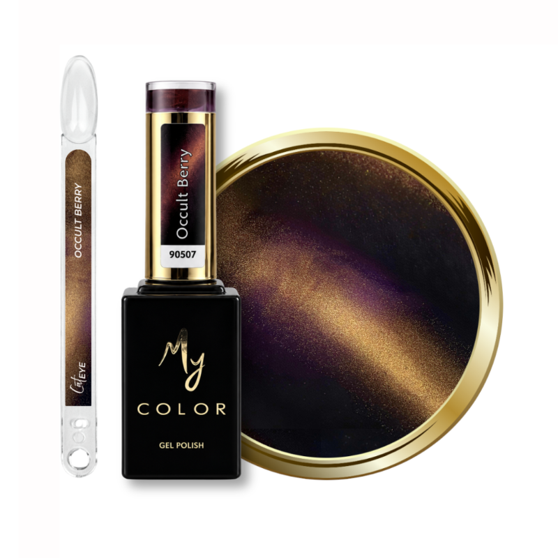 Flacon, tips et pastille du vernis semi permanent Cat Eye Occult Berry, marron rosé et doré soie