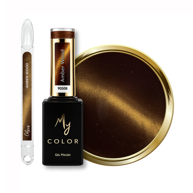 Flacon, tips et pastille du vernis semi permanent Cat Eye Amber Wood, marron camel doré soie
