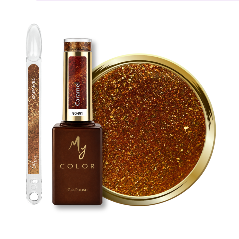 Flacon, tips et pastille du vernis semi permanent Cat Eye Caramel, marron caramel cuivré pailleté