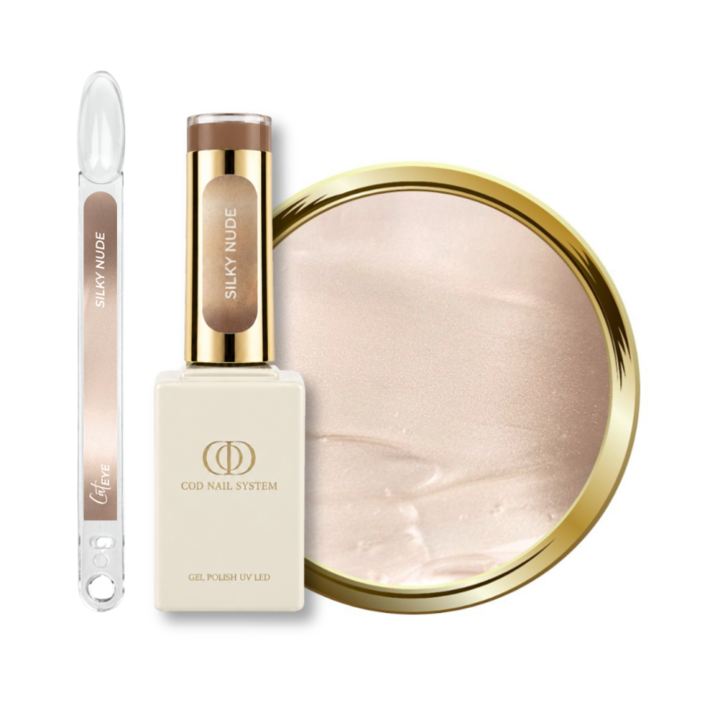 Flacon, tips et pastille du vernis semi permanent Cat Eye Silky Nude, nude beige soie