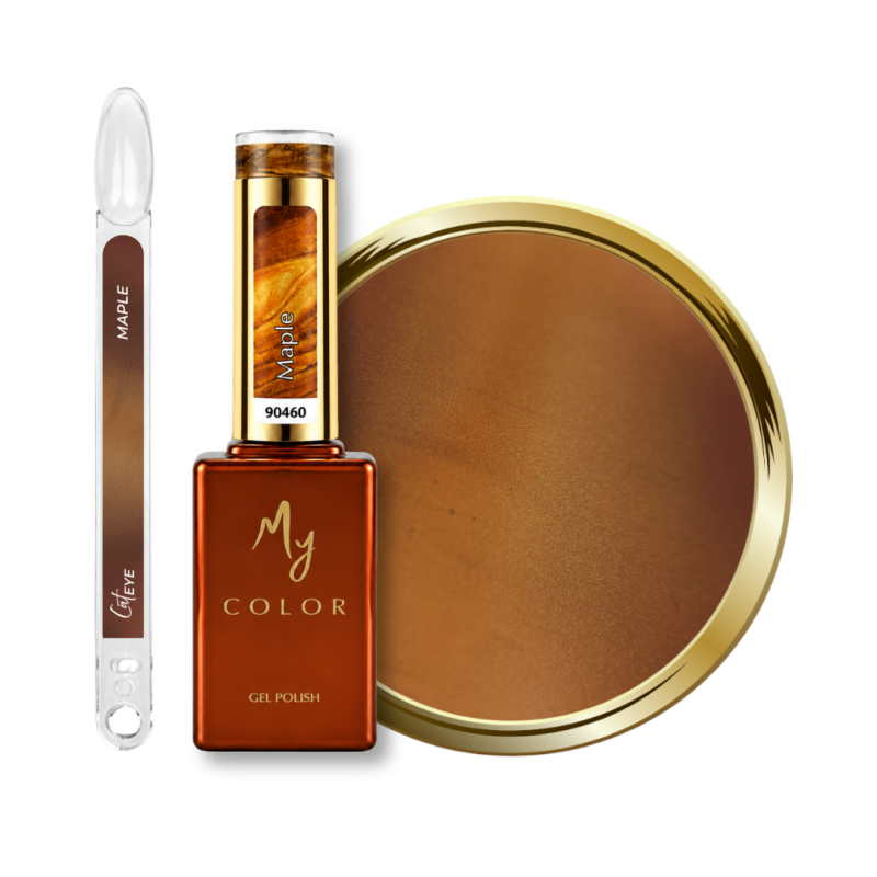 Flacon, tips et pastille du vernis semi permanent Cat Eye Maple, ambré doré aux reflets brun-miel