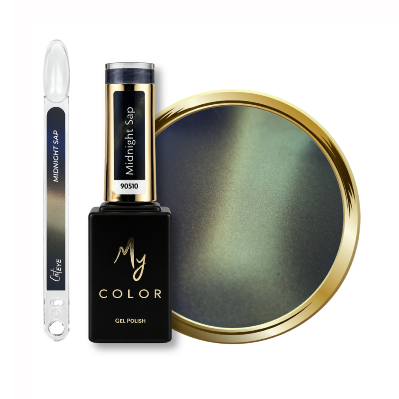 Flacon, tips et pastille du vernis semi permanent Cat Eye Midnight Sap, bleu gris doré soie
