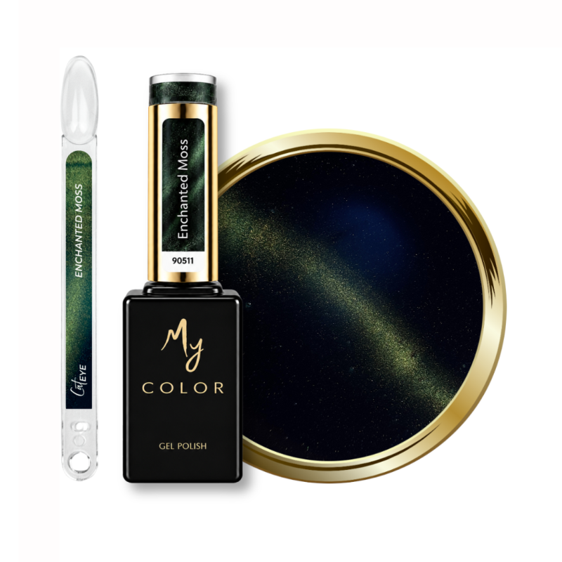 Flacon, tips et pastille du vernis semi permanent Cat Eye Enchanted Moss, vert canard bleu et doré soie