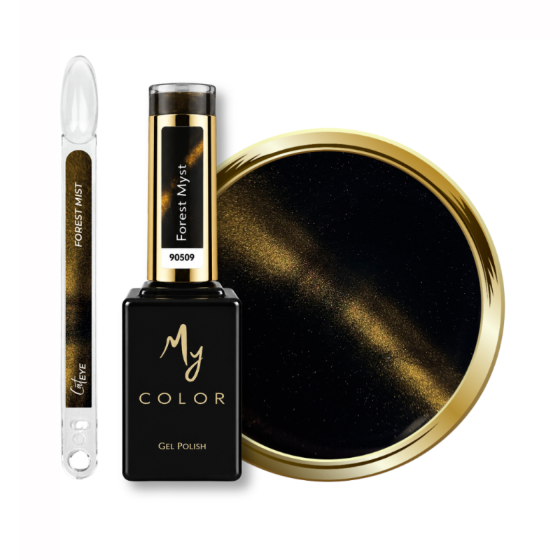 Flacon, tips et pastille du vernis semi permanent Cat Eye Forst Mist, marron noir doré soie