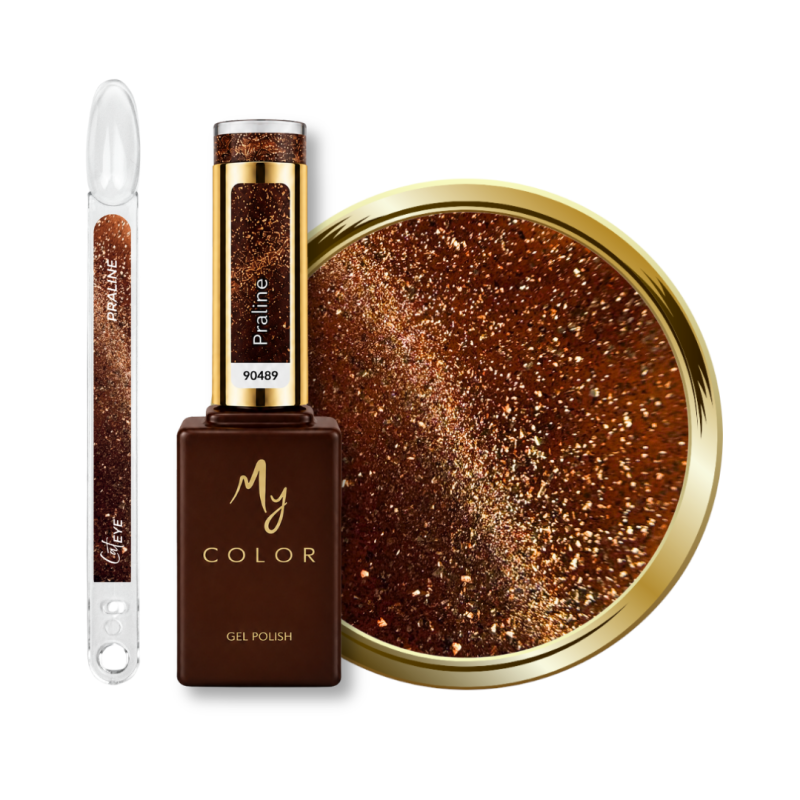 Flacon, tips et pastille du vernis semi permanent Cat Eye Praline, brun praline chaud