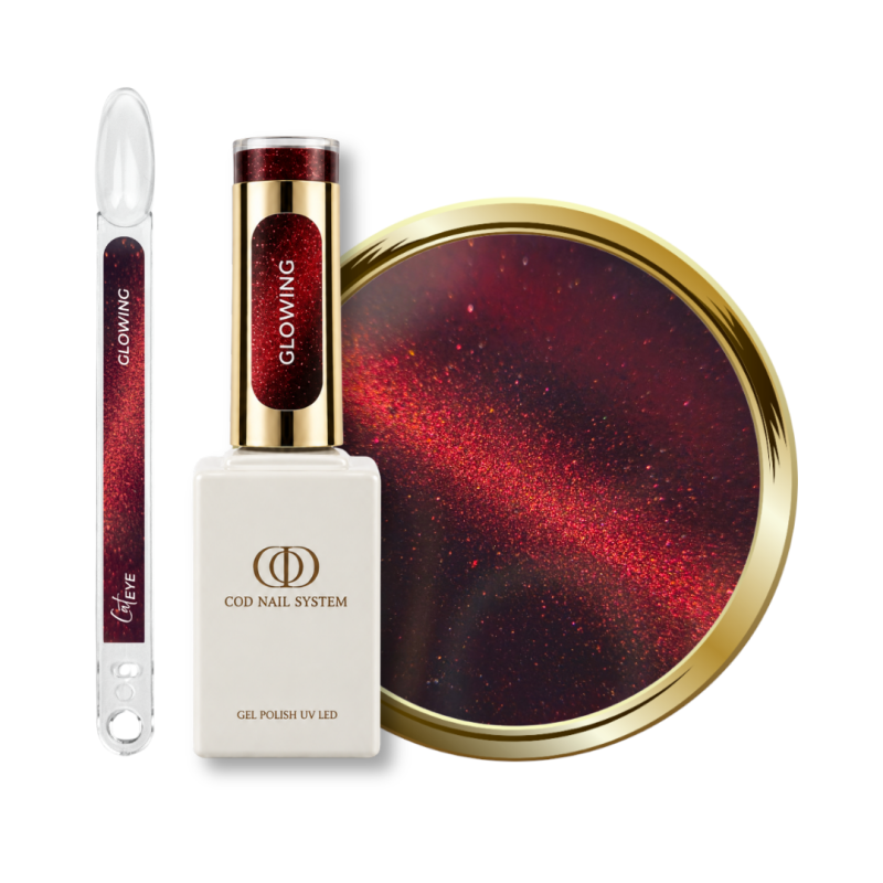 Flacon, tips et pastille du vernis semi permanent Cat Eye Glowing, rouge aux reflets rubis