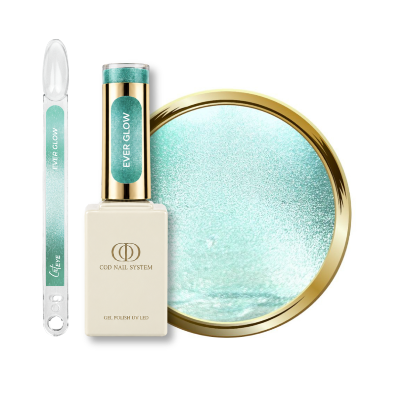 Flacon, tips et pastille du vernis semi permanent Cat Eye Ever Glow, vert turquoise pastel argenté