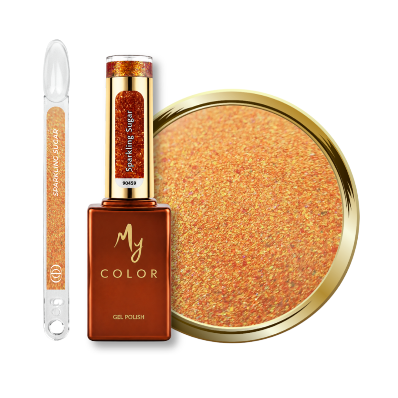 Flacon, tips et pastille du vernis semi permanent Sparkling Sugar, mermaid orange aux reflets dorés