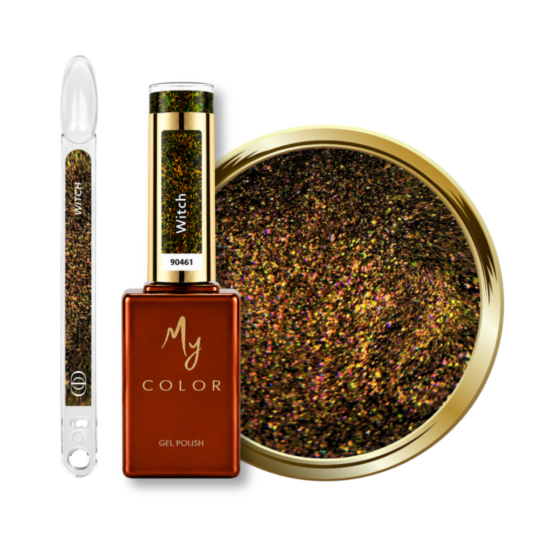 Flacon, tips et pastille du vernis semi permanent Witch, mermaid marron aux reflets dorés, bronze et verts