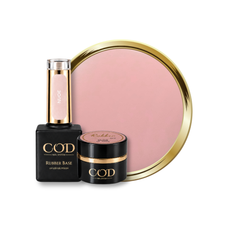 Flacon, pot et pastille de la Rubber Base Nude, beige rosé
