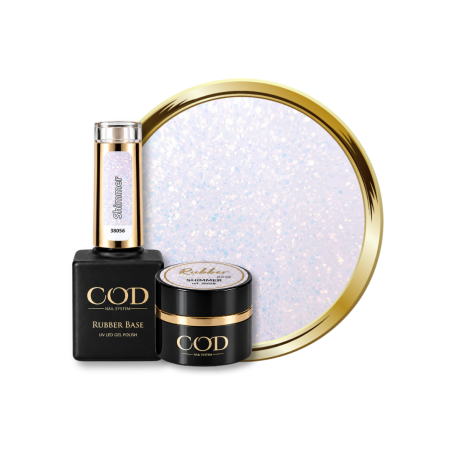 Flacon, pot et pastille de la Rubber Base Shimmer, blanc laiteux pailleté aurora