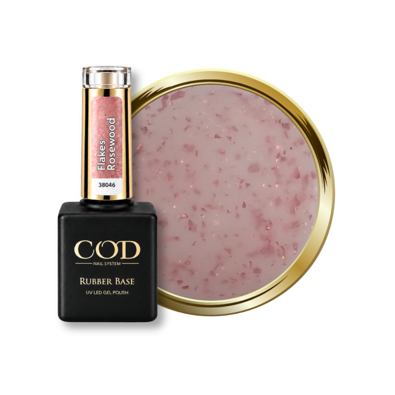 Flacon et pastille de la Rubber Base Flakes Rosewood, vieux rose laiteux flakes