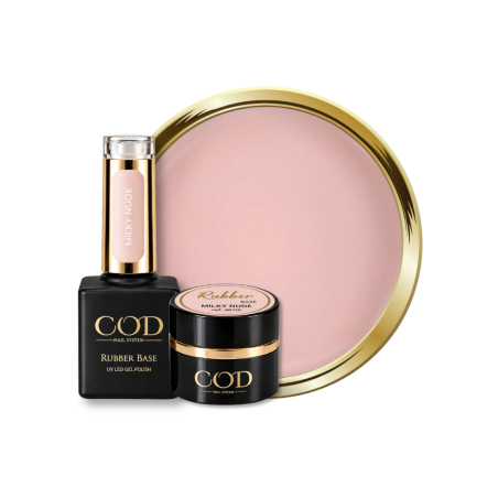 Flacon, pot et pastille de la Rubber Base Milky Nude, nude laiteux