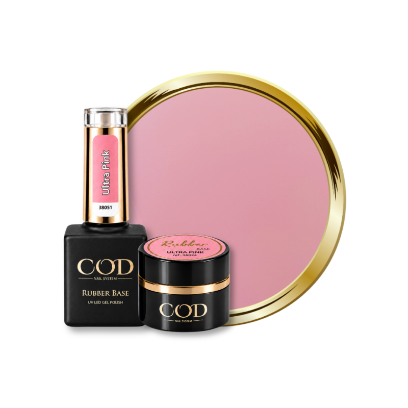 Flacon, pot et pastille de la Rubber Base Ultra Pink, rose intense