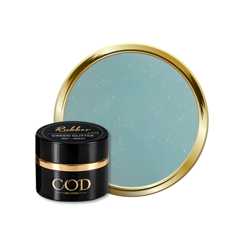 Pot et pastille de la Rubber Base Green Glitter, vert turquoise laiteux pailleté