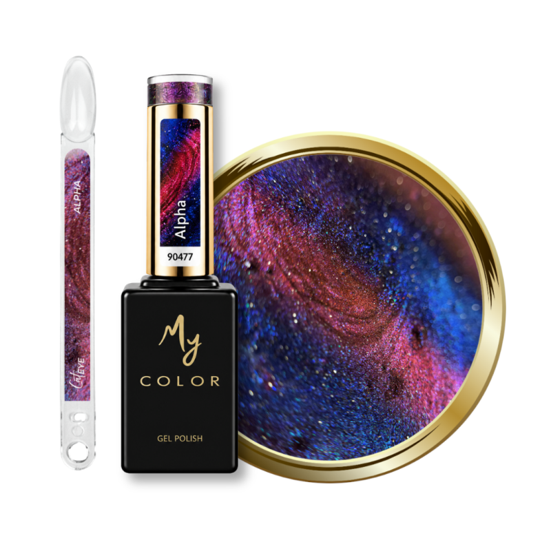 Flacon, tips et pastille du vernis semi permanent Cat Eye Alpha, bleu violet rosé