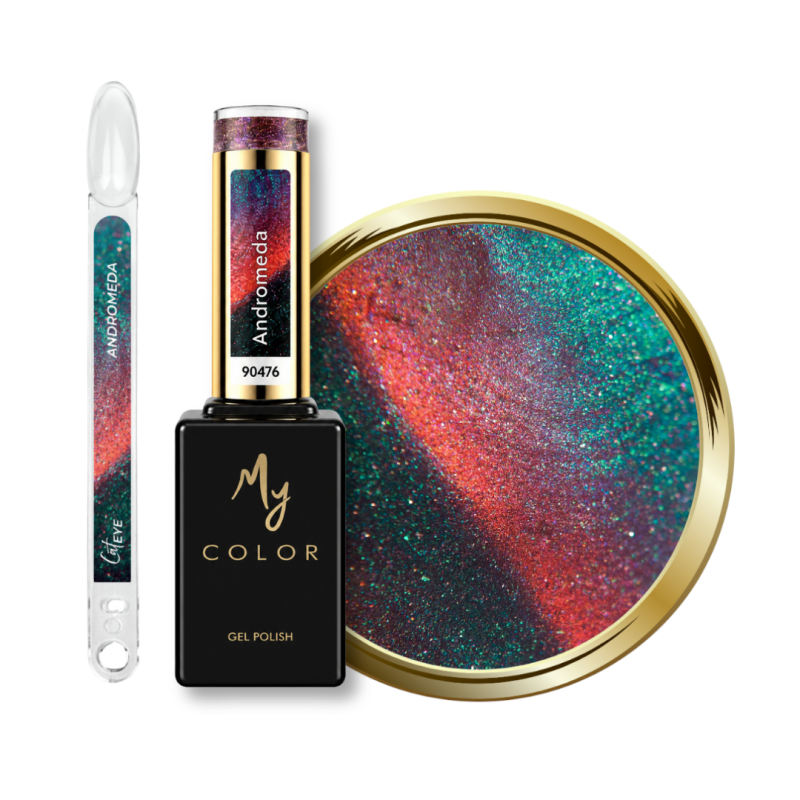 Flacon, tips et pastille du vernis semi permanent Cat Eye Andromeda, vert rouge rosé