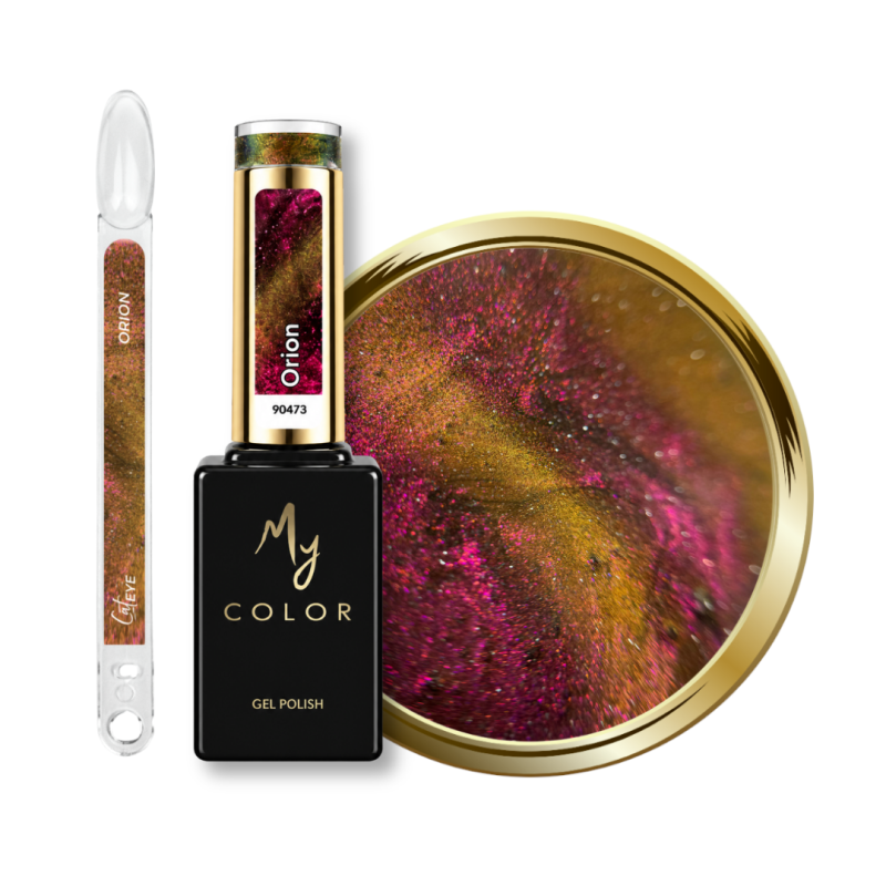 Flacon, tips et pastille du vernis semi permanent Cat Eye Orion, doré cuivré rosé