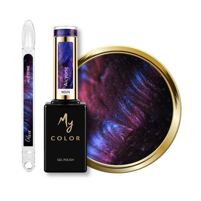 Flacon, tips et pastille du vernis semi permanent Cat Eye Alcyone, 9D caméléon violet rosé